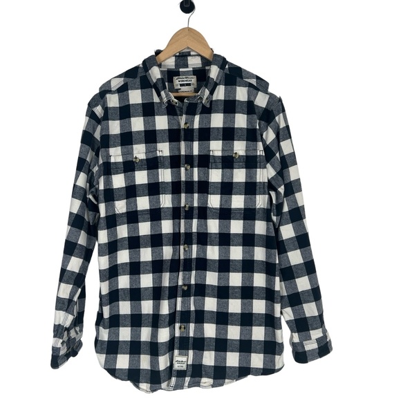Eddie Bauer Workwear Mens Foreman Flannel Shirt Large Like New Black Plaid Check - Picture 1 of 10
